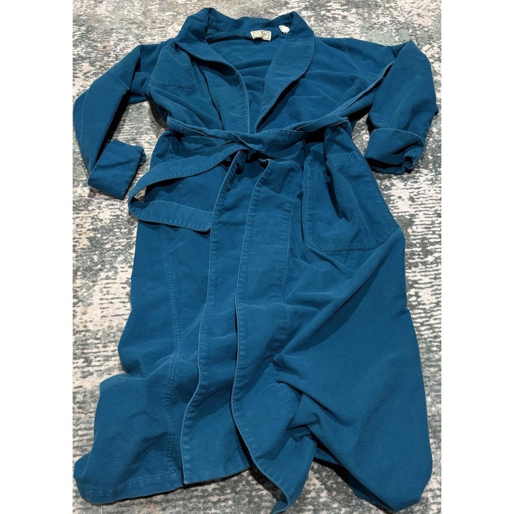VTG 80s LL Bean Fleece Robe Wrap Front Teal Turquoise Made In USA Freeport ME L